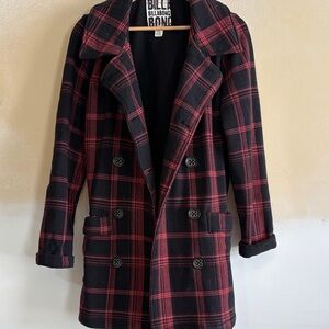 Billabong Women's Black and Red Checkered Pea Coat
